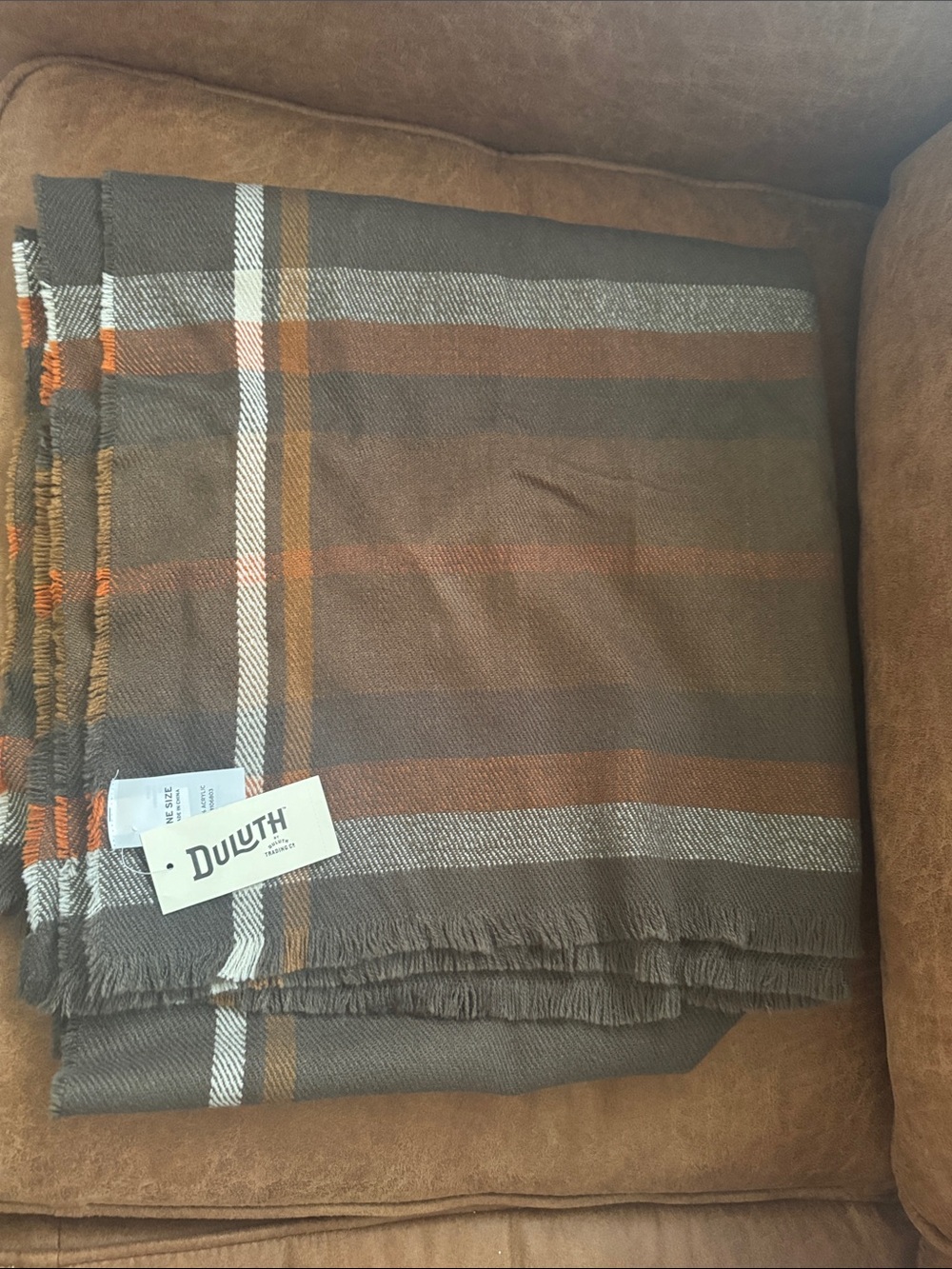 Women’s Duluth Trading Co Brown and Orange Plaid Fringe scarf. New